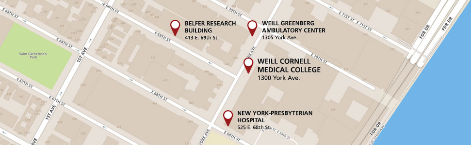 A map of the Weill Cornell Meyer Cancer Center's location